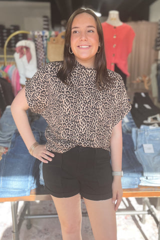 ee:some leopard print short dolman sleeve mock neck boxy top TK13241