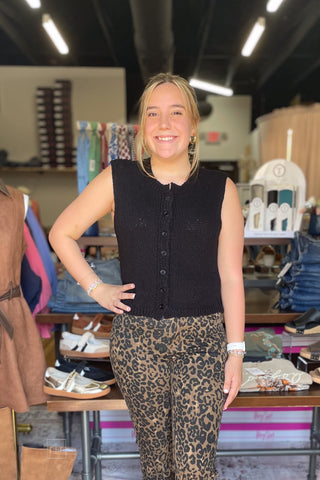 eesome Black Button Down Sleeveless Cardigan SJK16699 front view, paired with leopard jeans
