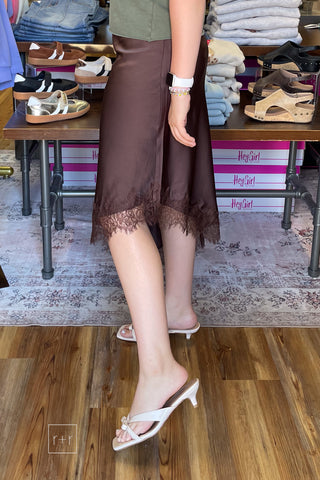 The Stolen Kiss - Lace Trim Satin Midi Skirt