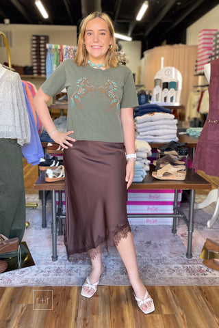 The Stolen Kiss - Lace Trim Satin Midi Skirt