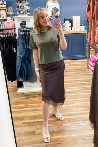 The Stolen Kiss - Lace Trim Satin Midi Skirt