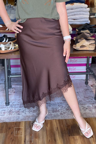 The Stolen Kiss - Lace Trim Satin Midi Skirt