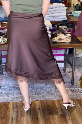 The Stolen Kiss - Lace Trim Satin Midi Skirt