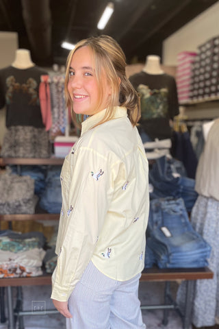EE:SOME butter cream cotton button down shirt with embroidered flying duck mallards TH17285 back view