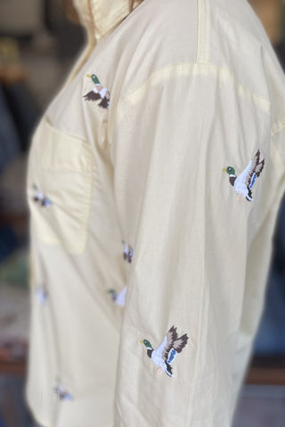 EE:SOME butter cream cotton button down shirt with embroidered flying duck mallards TH17285 detail