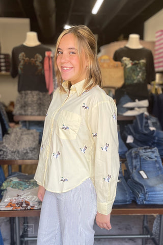 EE:SOME butter cream cotton button down shirt with embroidered flying duck mallards TH17285 side view