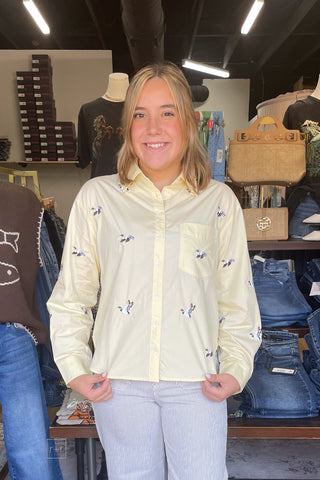 EE:SOME butter cream cotton button down shirt with embroidered flying duck mallards TH17285 front view