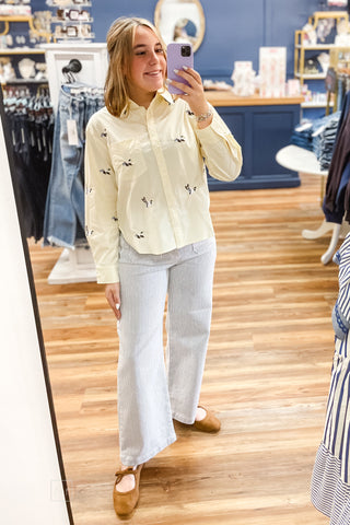 EE:SOME butter cream cotton button down shirt with embroidered flying duck mallards TH17285 mirror selfie