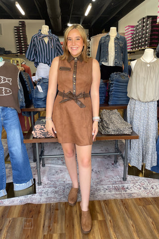 EE:SOME Camel Faux Suede Flare Sleeveless Mini Dress removable belt DH17062 western inspired front view