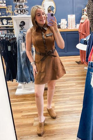 EE:SOME Camel Faux Suede Flare Sleeveless Mini Dress removable belt DH17062 western inspired mirror selfie