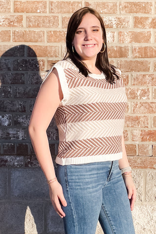 EESOME cap sleeve sweater with horizontal chevron stripes mocha mousse SH15281