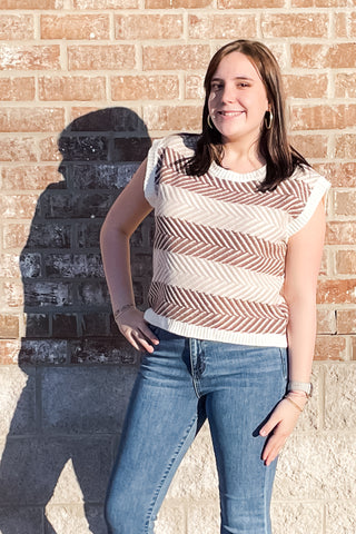 EESOME cap sleeve sweater with horizontal chevron stripes mocha mousse SH15281