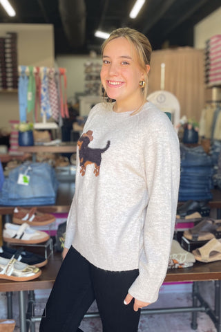 Close-up front view of the ee:some cowboy dachshund sweater SH17268 highlighting the mohair graphic detail