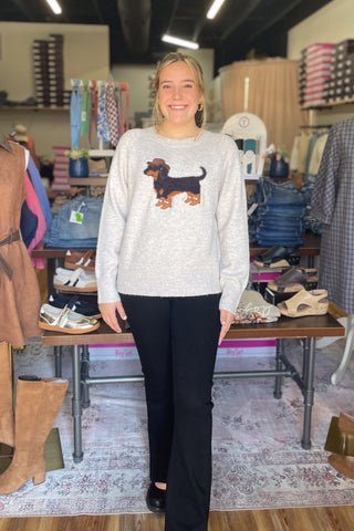 Front view of the ee:some cowboy dachshund sweater SH17268 showing the mohair dachshund graphic with embroidered cowboy hat and star-studded boots