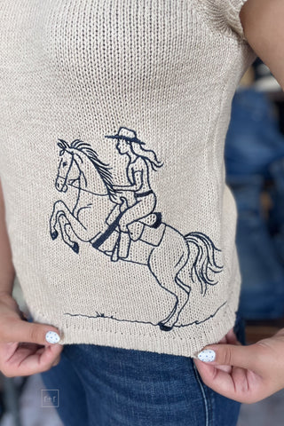 EESOME oatmeal knit short cap sleeve sweater Cowgirl riding horse embroidery line art motif SH15824 close up of design