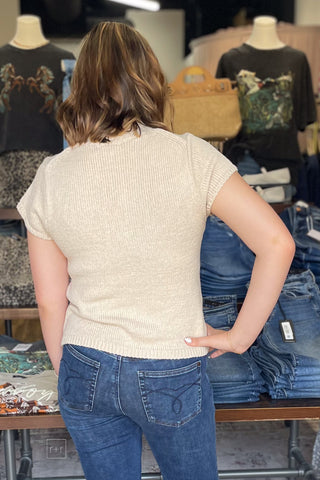EESOME oatmeal knit short cap sleeve sweater Cowgirl riding horse embroidery line art motif SH15824 back view