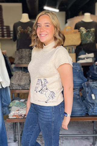 EESOME oatmeal knit short cap sleeve sweater Cowgirl riding horse embroidery line art motif SH15824 side view
