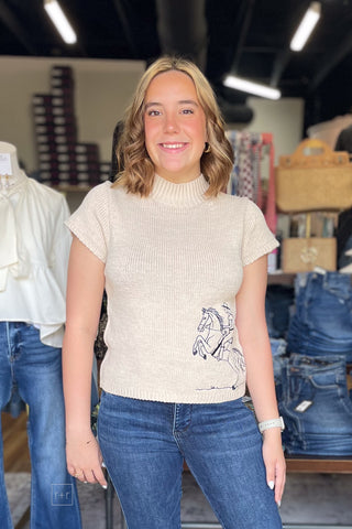 EESOME oatmeal knit short cap sleeve sweater Cowgirl riding horse embroidery line art motif SH15824 front view