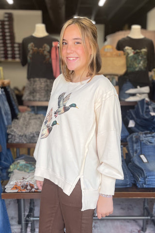 EE:SOME bone stone washed pullover sweatshirt double mallard graphic TH15879 side view