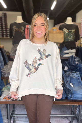 EE:SOME bone stone washed pullover sweatshirt double mallard graphic TH15879 front view