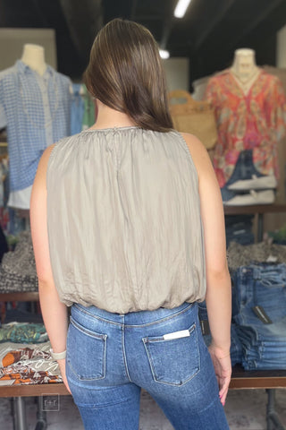 ee:some sleeveless softly gathered bubble hem blouse TK14640 dry herb back view