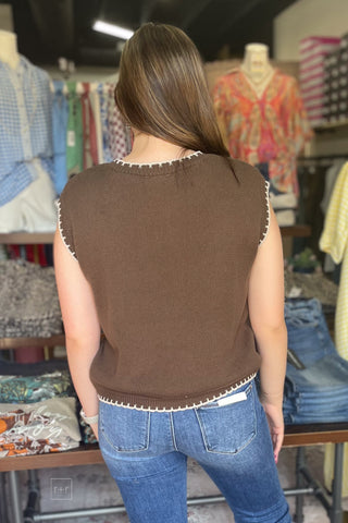 ee:some chocolate brown cap sleeve sweater two fishes stitched motif back view