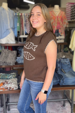 ee:some chocolate brown cap sleeve sweater two fishes stitched motif side view