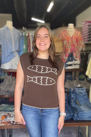 ee:some chocolate brown cap sleeve sweater two fishes stitched motif front view