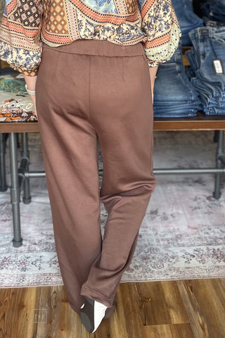 EESOME mocha latte brown Wide Leg Trousers elastic back waist PK16968 back view