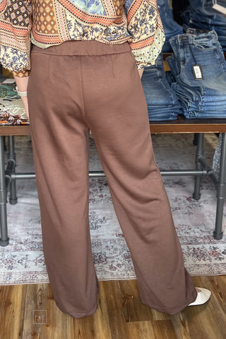 EESOME mocha latte brown Wide Leg Trousers elastic back waist PK16968 back view