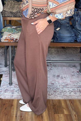 EESOME mocha latte brown Wide Leg Trousers elastic back waist PK16968 side view