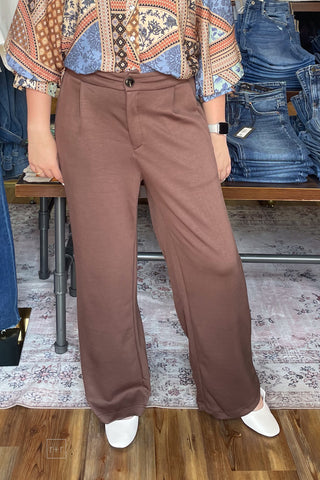 EESOME mocha latte brown Wide Leg Trousers elastic back waist PK16968 front view