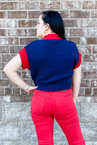EESOME navy cropped sweater with red trim perfect for Ole Miss gameday