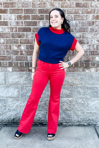 EESOME navy cropped sweater with red trim perfect for Ole Miss gameday