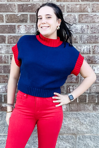 EESOME navy cropped sweater with red trim perfect for Ole Miss gameday