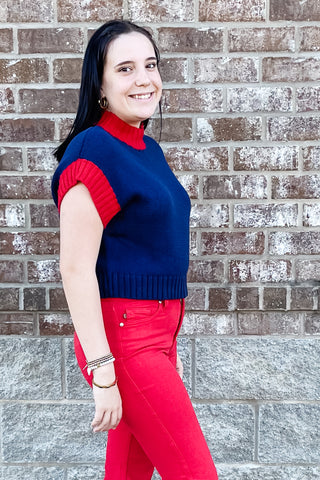 EESOME navy cropped sweater with red trim perfect for Ole Miss gameday