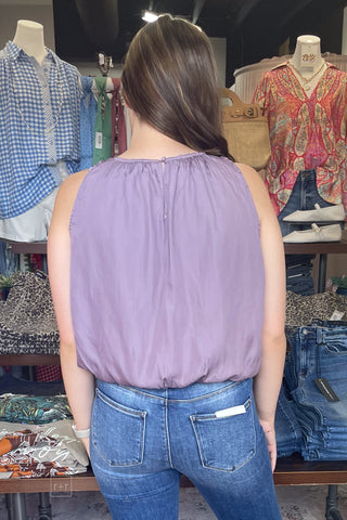 ee:some sleeveless softly gathered bubble hem blouse TK14640 plum slate back view