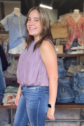 ee:some sleeveless softly gathered bubble hem blouse TK14640 plum slate side view