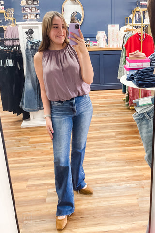 ee:some sleeveless softly gathered bubble hem blouse TK14640 plum slate mirror selfie