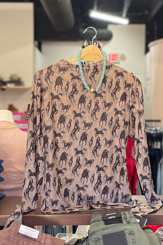 eesome taupe semi sheer mesh long sleeve top with playful horse print TH12319