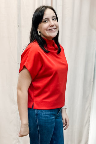 ee:some tomato red boxy short sleeve mock neck pullover top TK14627 for holiday or game day