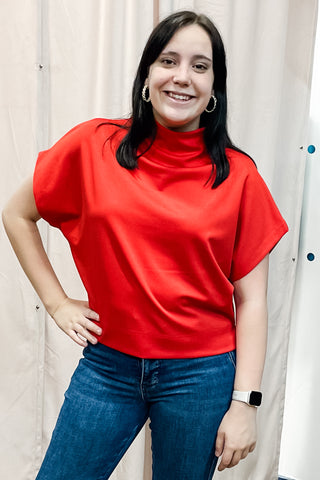 ee:some tomato red boxy short sleeve mock neck pullover top TK14627 for holiday or game day