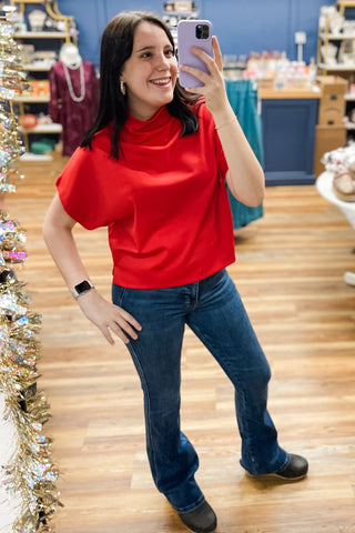 ee:some tomato red boxy short sleeve mock neck pullover top TK14627 for holiday or game day