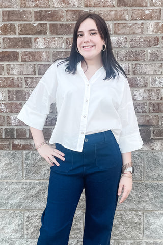 eesome off white button down collared blouse with wide sleeves TK13230