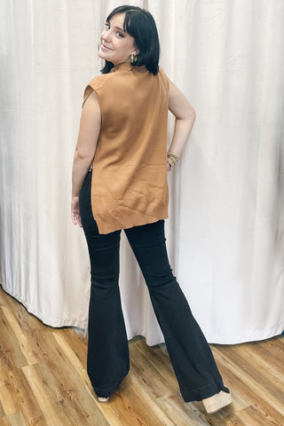 Entro camel solid knit pullover top with split step hi low hem T27858