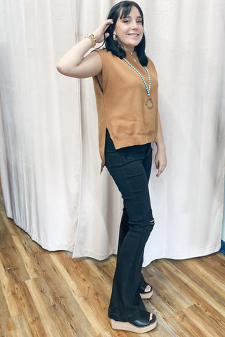 Entro camel solid knit pullover top with split step hi low hem T27858