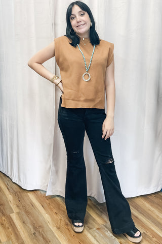 Entro camel solid knit pullover top with split step hi low hem T27858