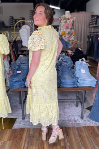 Entro lemon sunny yellow cotton eyelet midi dress short puff sleeves with pockets and ruffle mock neck and wide ruffle hem and lined D29377