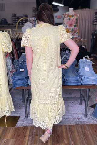 Entro lemon sunny yellow cotton eyelet midi dress short puff sleeves with pockets and ruffle mock neck and wide ruffle hem and lined D29377
