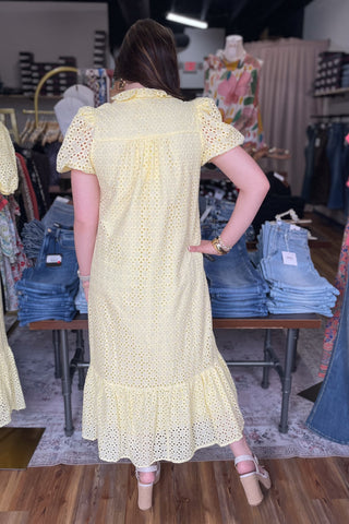 Entro lemon sunny yellow cotton eyelet midi dress short puff sleeves with pockets and ruffle mock neck and wide ruffle hem and lined D29377